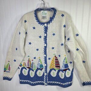 Quacker Factory Cardigan Sweater Womens M White Nautical Sailboat Knit Stars